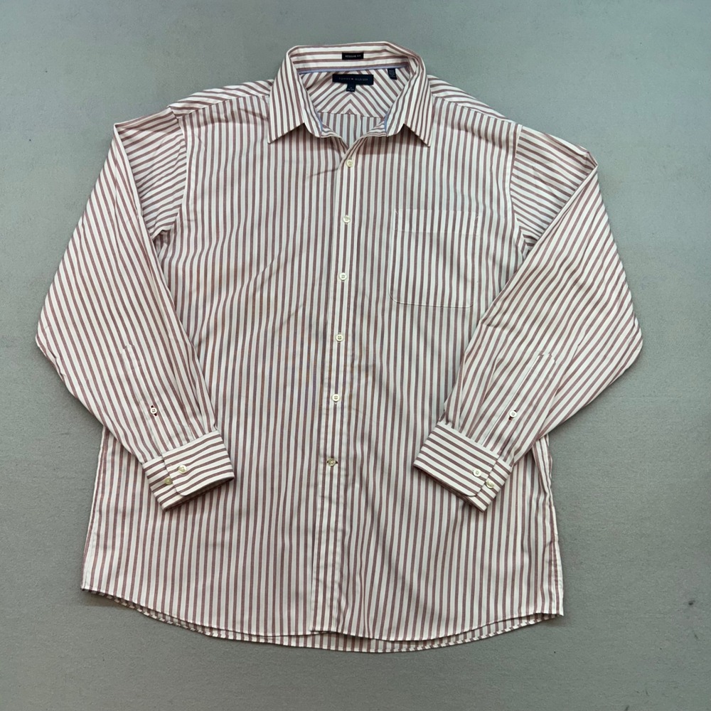 Tommy Hilfiger Mens Regular Fit Red White Striped Cotton Dress Shirt 17 34-35